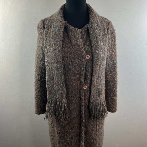 I.B Diffusion Brown Cardigan Sweater Mohair Wool Knit Size Large L with Scarf - Picture 2 of 10